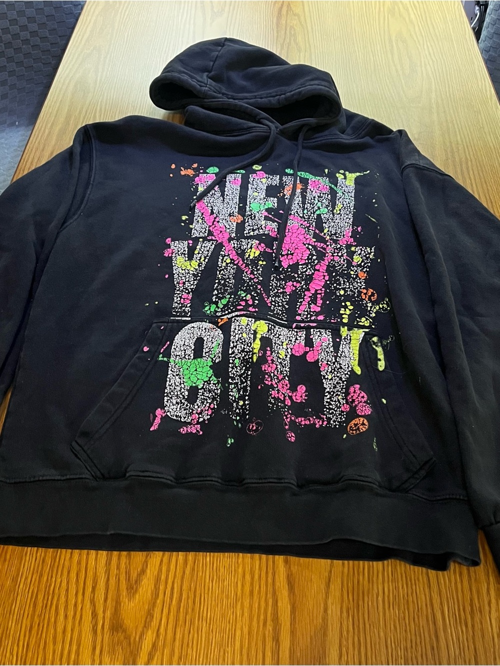 Wali U.S.A. Black Crewneck Hoodie Neon Paint-Splash Graphic New York City Size S